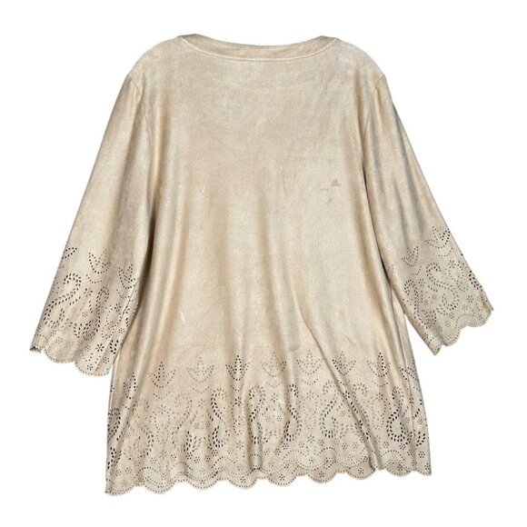 Chicos Faux Suede Tunic Top Size 2/L/12 Tan 3/4 Sleeve Western Cowgirl Country - Picture 3 of 12